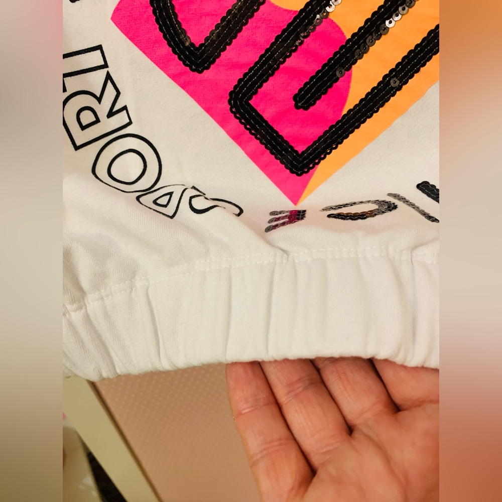 Girls size L 12-14 white cut off sleeve hoodie. Sweatshirt sporty bright graphic - Picture 8 of 12
